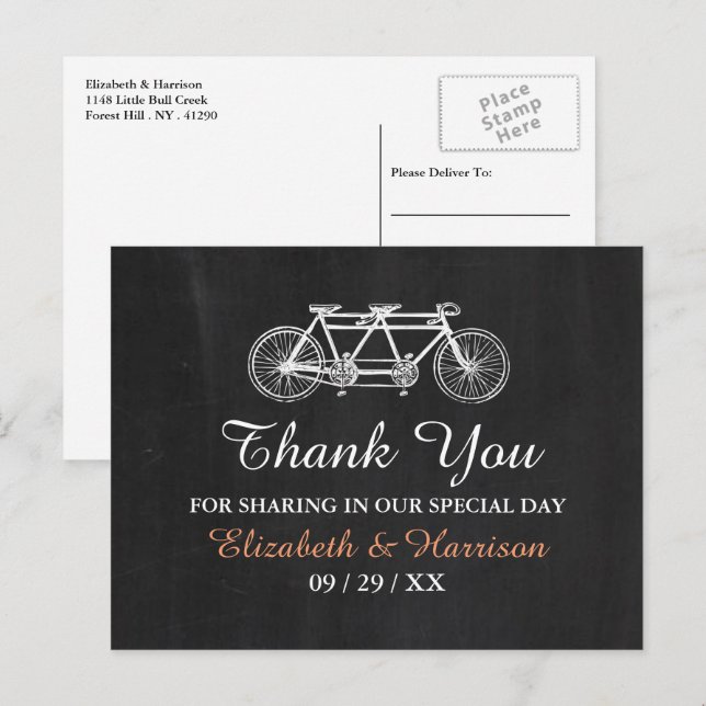 Cartão Postal Bicicleta Tandem No Casamento Chalkboard Obrigado (Frente/Verso)