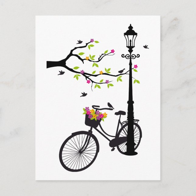 Cartão Postal Bicicleta velha com candeeiro, cesto de flores, pá (Frente)