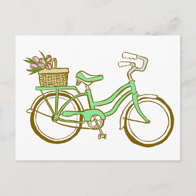 Cartão Postal Bicicleta Verde bonito com Tulipas (Frente)