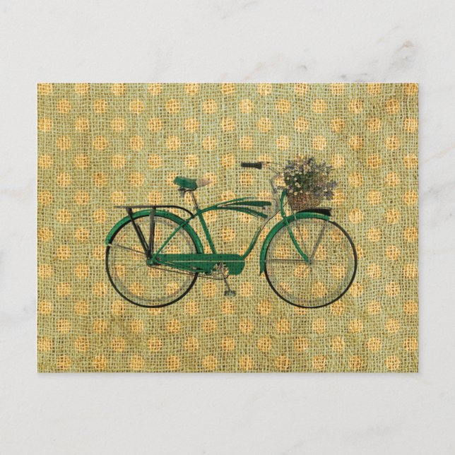 Cartão Postal Bicicleta verde retro com cesta da flor (Frente)