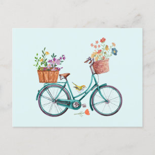 Cartão Postal Bicicleta Vintage Aquarela com Cestas de Flores