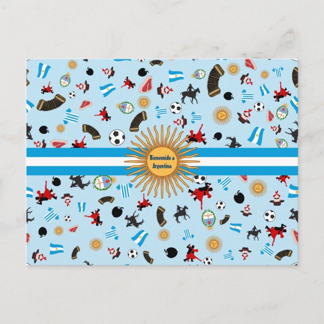 Cartão Postal Bienvenido, produtos famosos da Argentina (Frente)
