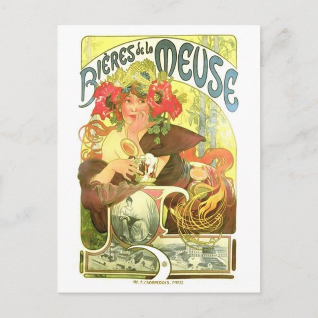 Cartão Postal Bières de la Meuse, Alphonse Mucha (Frente)