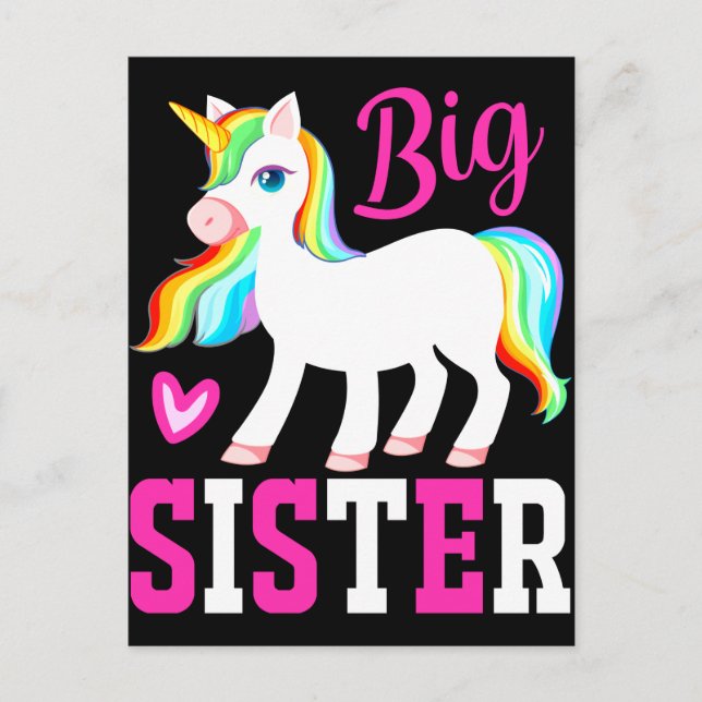 Cartão Postal Big Sister Magical Unicorn com Rainbow Mane & Tail (Frente)