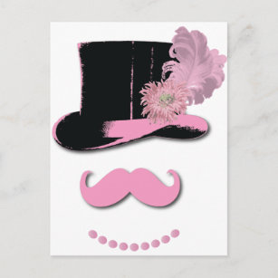 Cartão Postal bigode rosa, chapéu superior, penas e flor