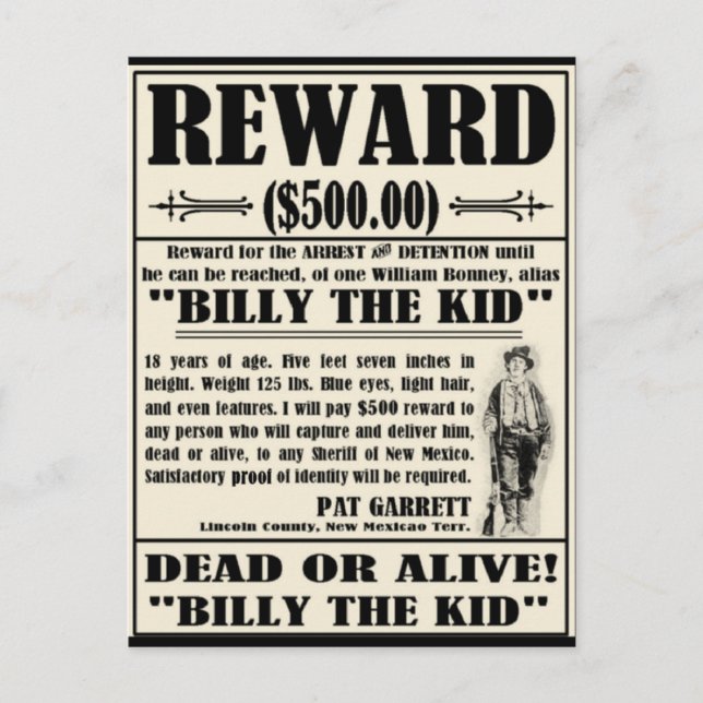 Cartão Postal Billy the Kid queria Poster (Frente)