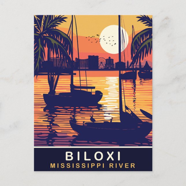 Cartão Postal Biloxi, Sunset sobre o rio Mississippi, Viagem (Frente)