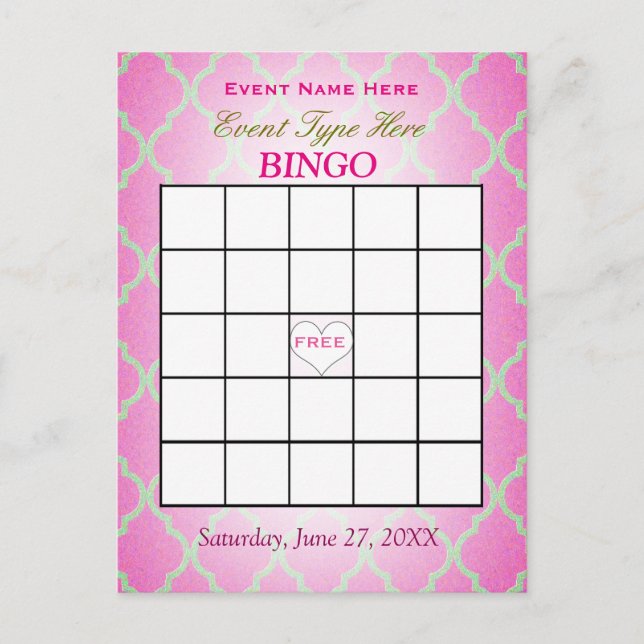 Cartão Postal Bingo Card | Pink Quatrefoil (Frente)