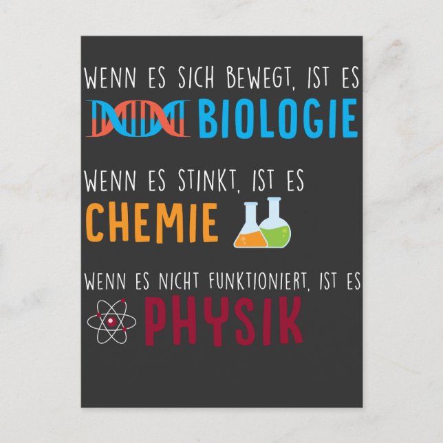 Cartão Postal Biologie Chemie Physik Wissenschaft Humor (Frente)