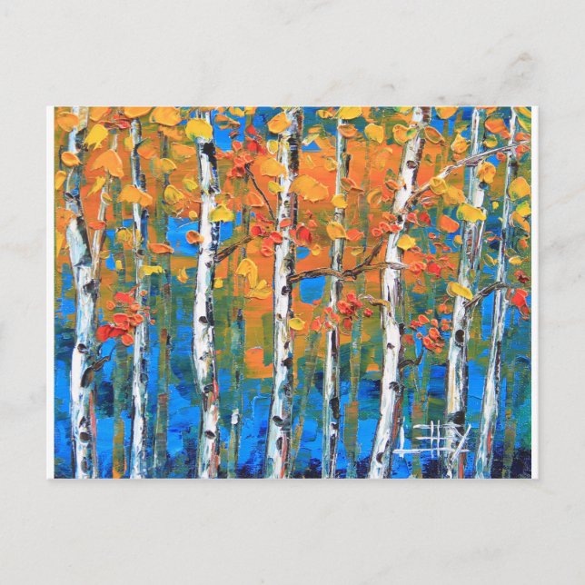 Cartão Postal Birch Tree Painting, Blue Birch, Fall textured Art (Frente)