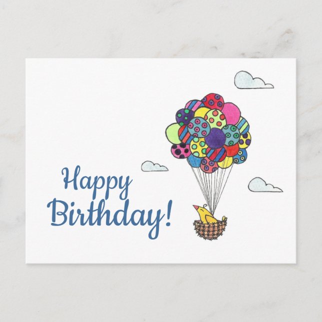Cartão Postal Bird Balloons Feliz Aniversário (Frente)