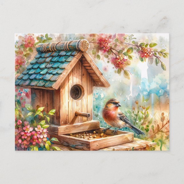 Cartão Postal Bird Feeder Watercolor Arte Floral (Frente)