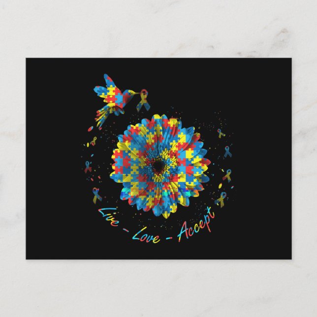 Cartão Postal Bird Flower Ribbon Puzzle Live Love Accept Autism  (Frente)