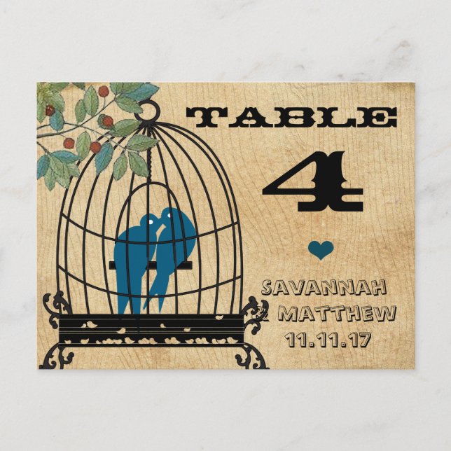 Cartão Postal Birdcage Table Number on Wood Grain (Frente)