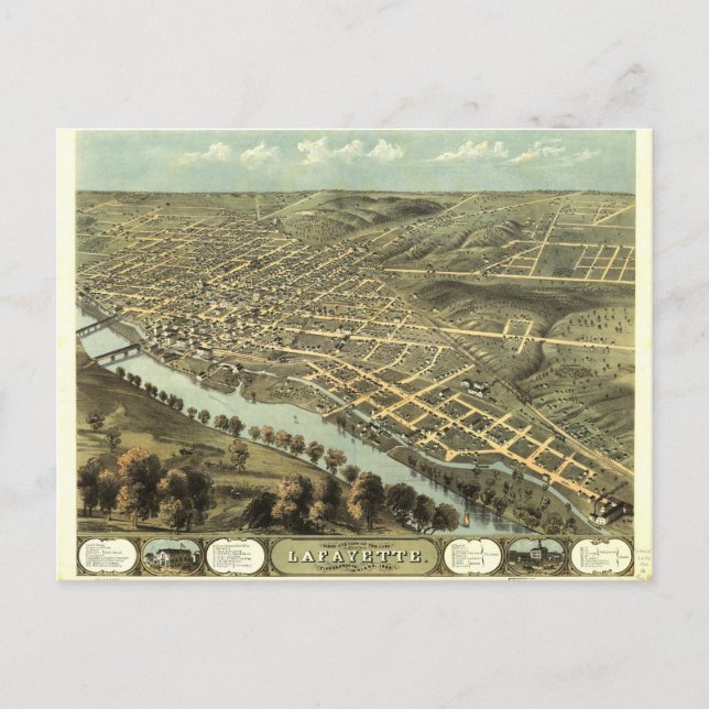 Cartão Postal Bird's Eye View of Lafayette, Indiana (1868) (Frente)