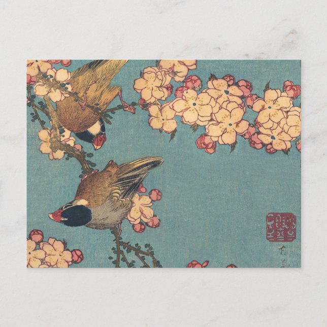 Cartão Postal Birds Flowers Hokusai Art Japonês (Frente)