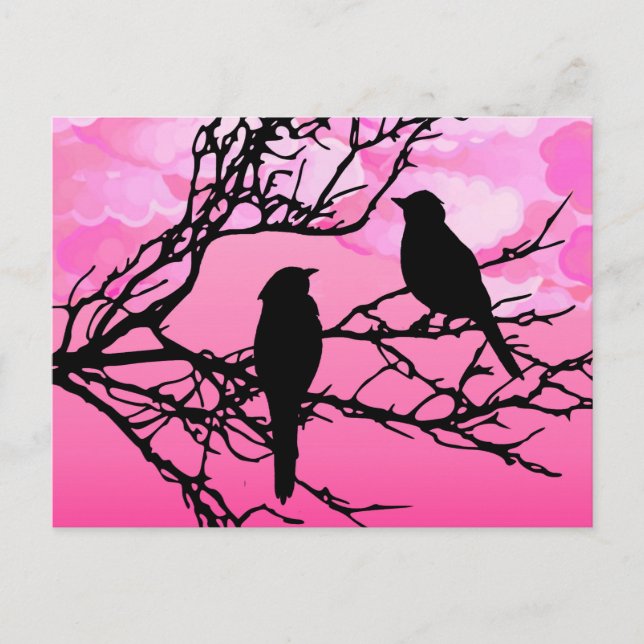 Cartão Postal Birds on a Branch, Black Against Dawn Pink (Frente)