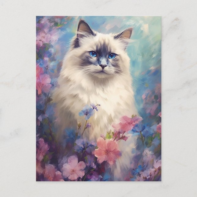 Cartão Postal Birman Cat, flores aquáticas (Frente)