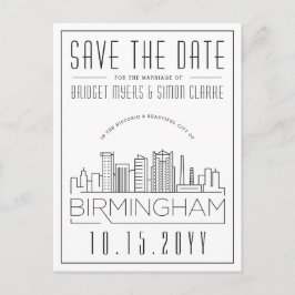 Cartão Postal Birmingham Wedding Stylized Skyline Salvar a Data