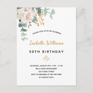 Cartão Postal Birthday 50 floral eucalipto ouro verde elegante