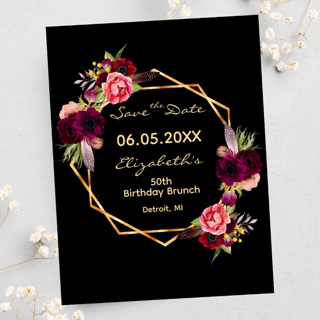 Cartão Postal Birthday burgundy floral black Salve a data (Criador carregado)
