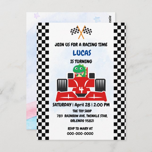 Cartão Postal Birthday Dinosaur, corrida de carros, garotinho ve (Frente/Verso)