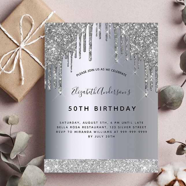 Cartão Postal Birthday party silver glitter sparkle invitation (Criador carregado)