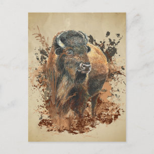 Cartão Postal Bisão em Aquarela Búfalo Animal Vida Selvagem Natu