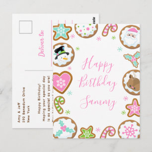 Cartão Postal Biscoitos de Natal Rosa e Verde Feliz Aniversário