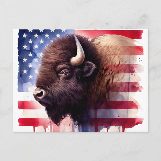 Cartão Postal Bison com bandeira dos Estados Unidos da América (Frente)