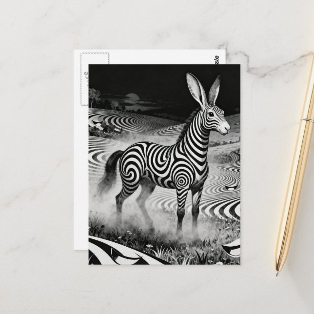 Cartão Postal Black an White Op art Fantasy Rabbit Horse Critter (Frente/Verso In Situ)