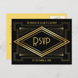Cartão Postal Black and Gold Art Deco Wedding RSVP QR Code
