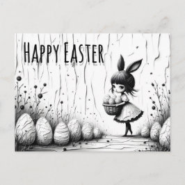 Cartão Postal Black and White Easter Girl with Bunny Ears
