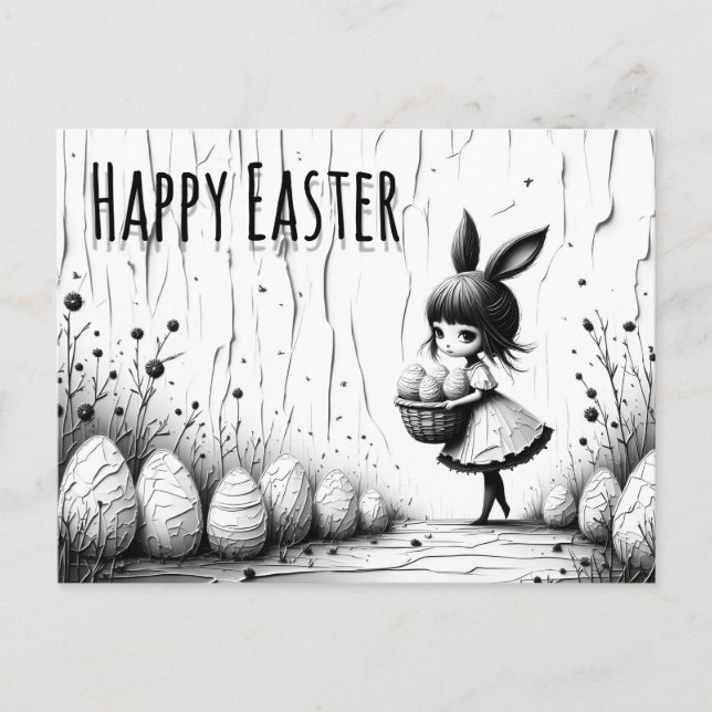 Cartão Postal Black and White Easter Girl with Bunny Ears (Frente)