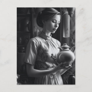 Cartão Postal Black and White Film Noir Womer Kitchen Tea