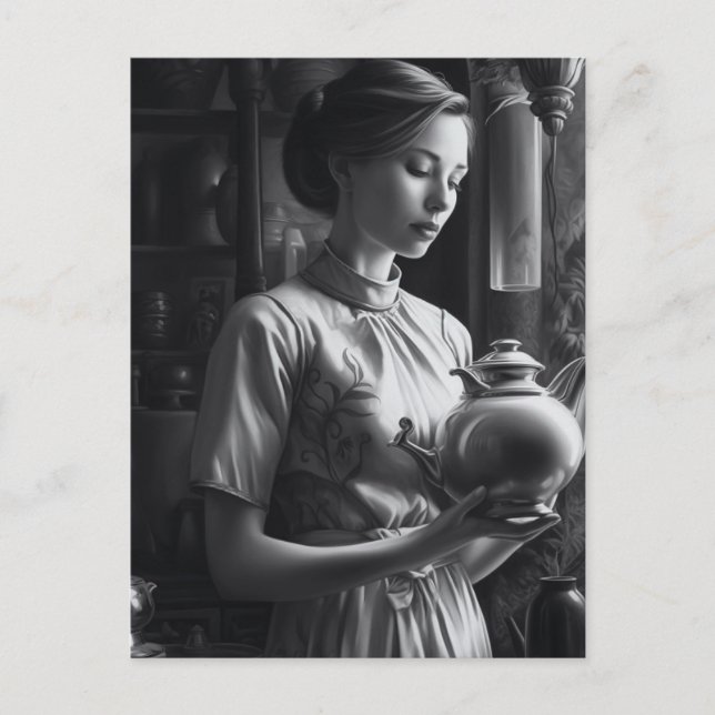 Cartão Postal Black and White Film Noir Womer Kitchen Tea (Frente)