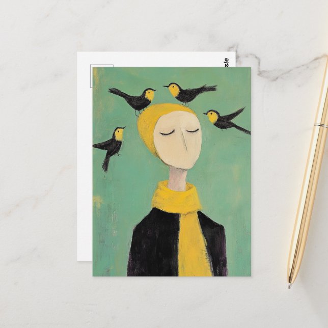 Cartão Postal Black and Yellow Birds on Her Head Whimsy Painting (Frente/Verso In Situ)
