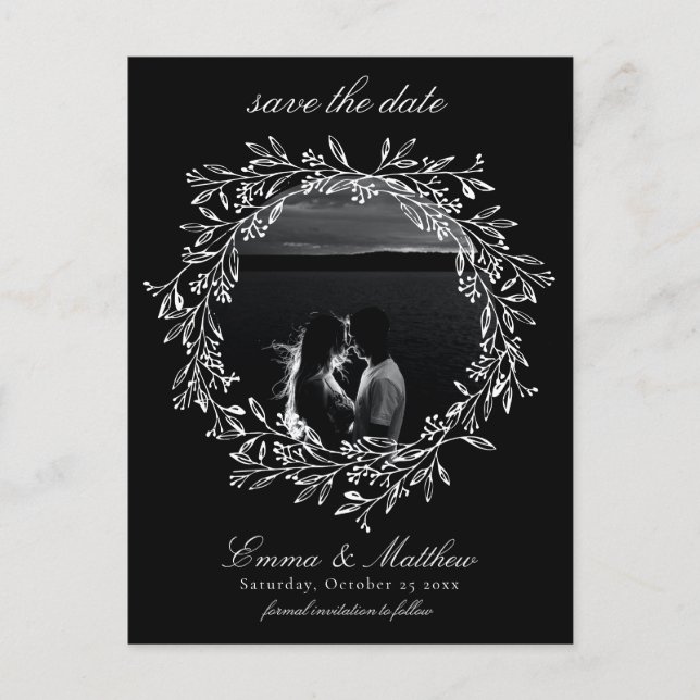 Cartão Postal Black Botanic Gothic Wreath Save the Date Photo (Frente)