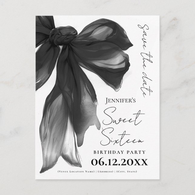 Cartão Postal Black Bow Coquette Sweet 16 Save the Date (Frente)