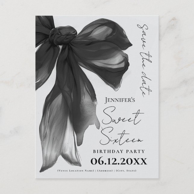 Cartão Postal Black Bow Coquette Sweet 16 Save the Date Grey (Frente)