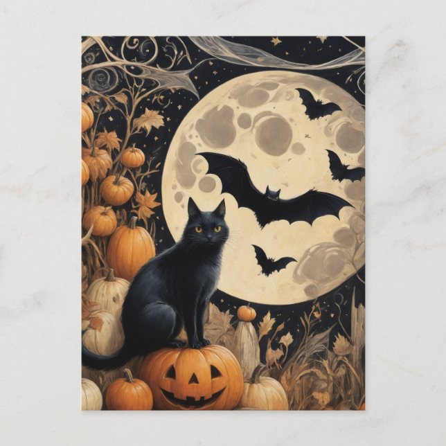 Cartão Postal Black Cat and Bats do Halloween (Frente)