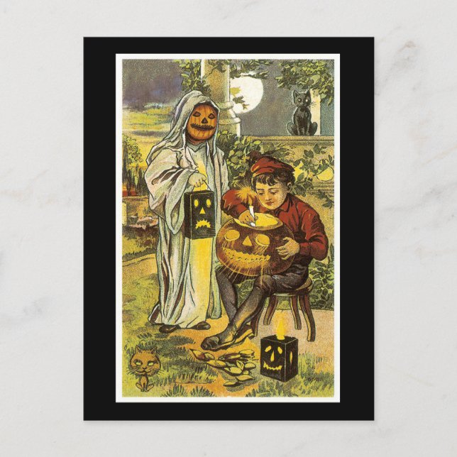 Cartão Postal Black Cat and Boy do Halloween (Frente)