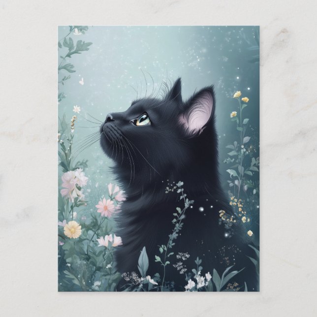 Cartão Postal Black Cat Gazing Upward in Magical Flower Garden (Frente)