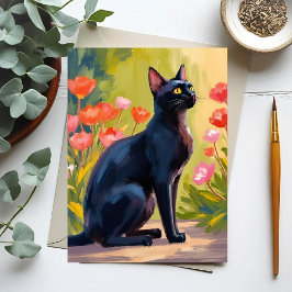 Cartão Postal Black Cat | Kitten Pet Watercolor Flowers Painted