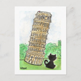 Cartão Postal Black cat Noir Chat Lening Tower of Pisa Art