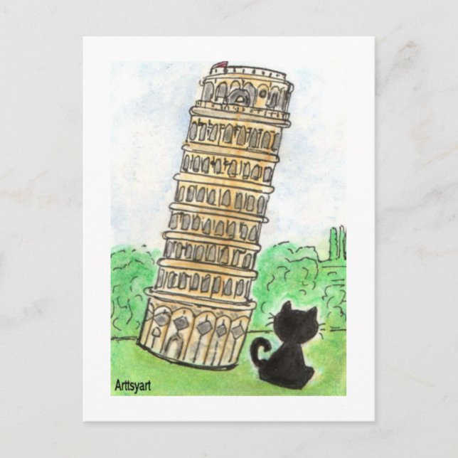 Cartão Postal Black cat Noir Chat Lening Tower of Pisa Art (Frente)