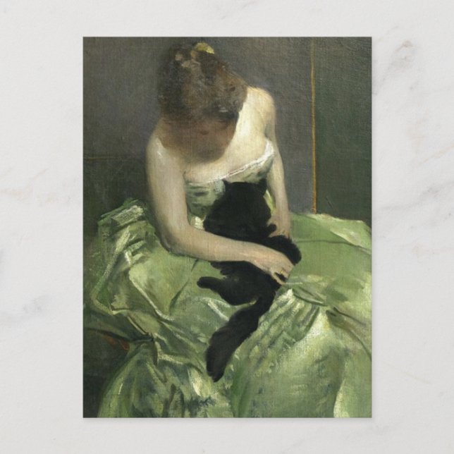 Cartão Postal Black Cat on Green Gown (Frente)