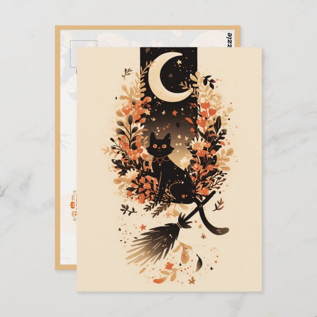 Cartão Postal Black Cat on Witch’s Broom Under the Moon (Frente/Verso)