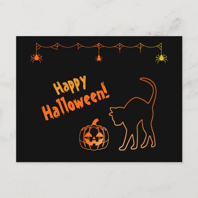 Cartão Postal Black Cat Silhouette Neon Happy Halloween (Frente)
