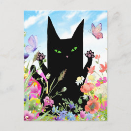 Cartão Postal Black Cat Spring Greeting Card: Kitty and Flowers
